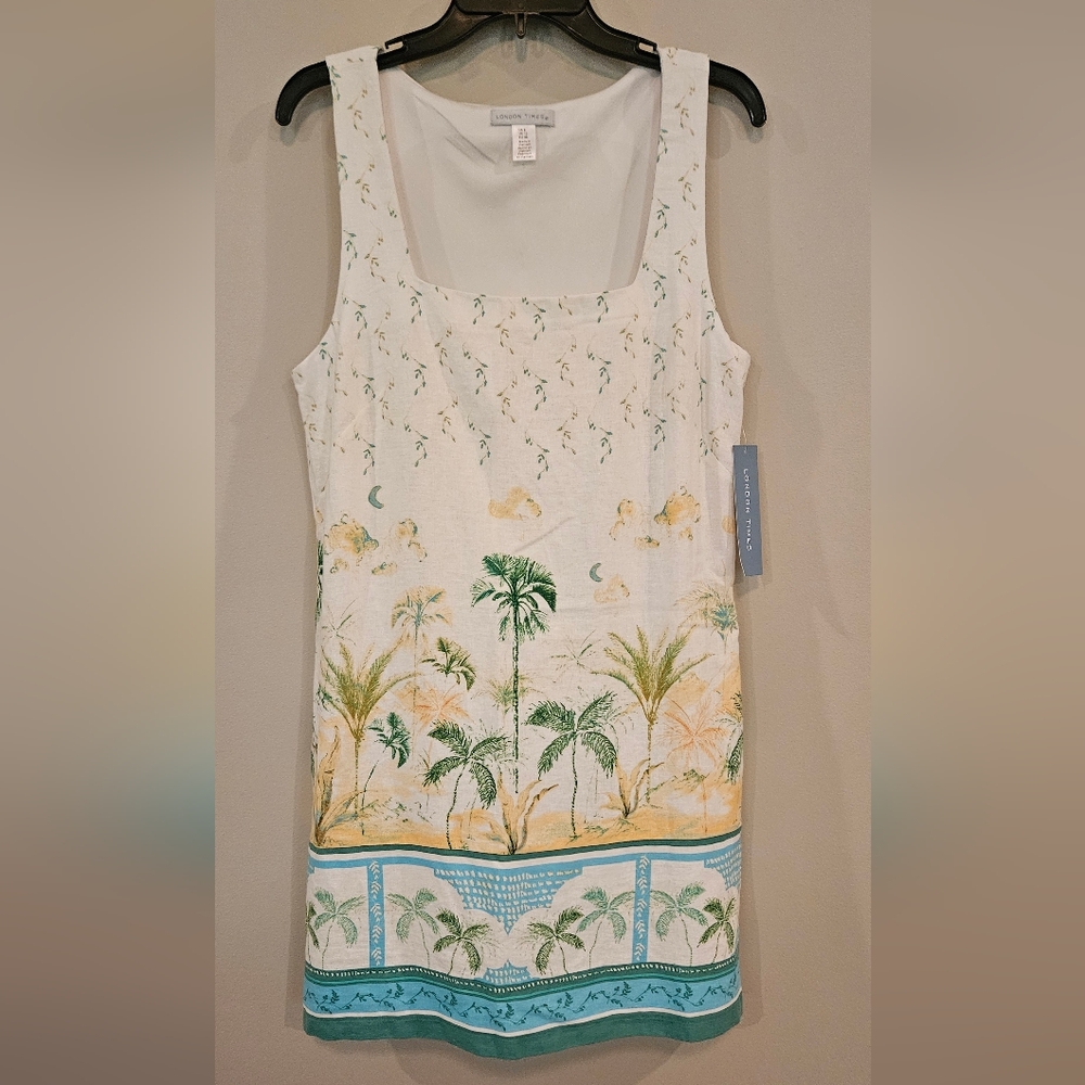 NWT London Times Sleevless Linen Blend Dress: Size- 8 Ivory/mint Tropical Print
